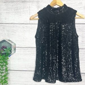 NWT Cable & Gauge Black Sequin Sleeveless Mock Neck Dressy Blouse Top Size Small